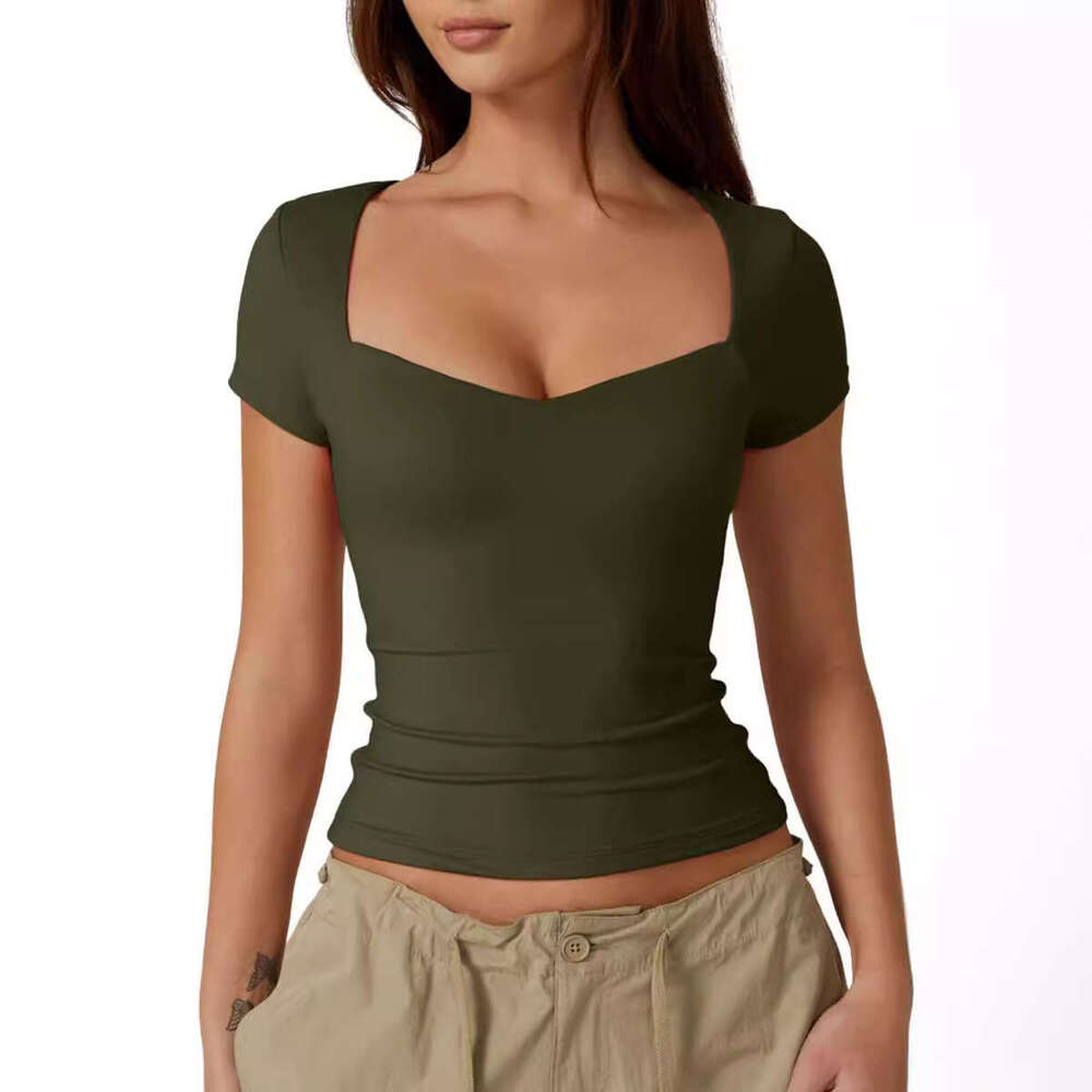 2024 Amazon Cross-Border Women's Heart Neck Short Sleeve T-Shirt Solid Color Slim Fit Basic Fashion Crop Top