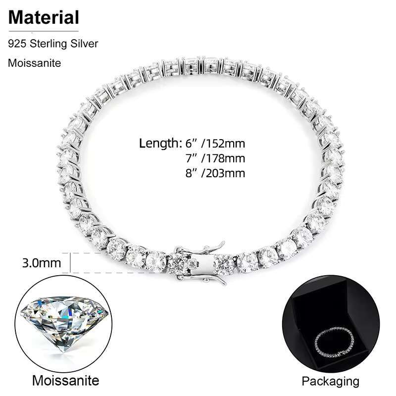 3mm Tennis Chain Necklace White 925 Sterling Silver Jewelry 14k Gold 18k Gold Plated Tennis Moissanite Diamond Chains