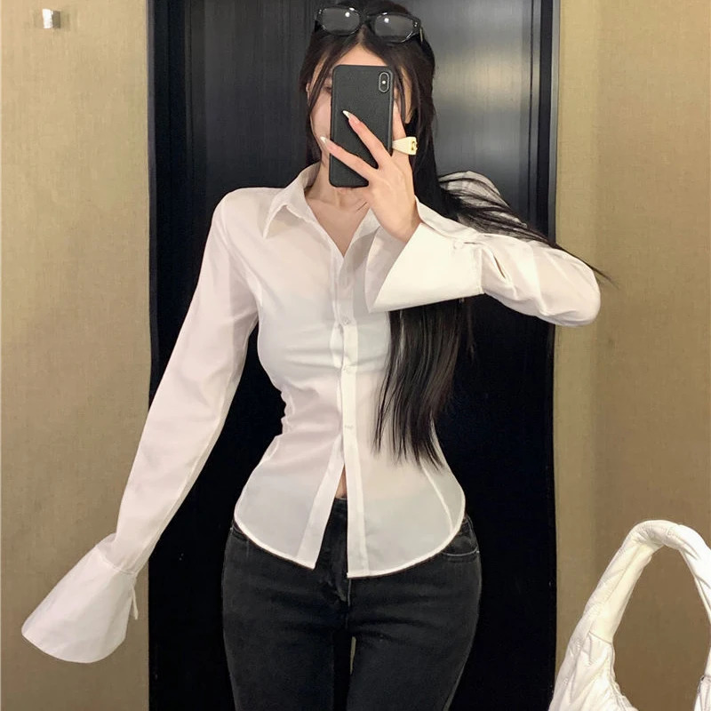 Gidyq Fashion Womens Bandaged Shirt Korean All Match Streetwear Womens Ultra Thin Shirt Spring Casual White Bell Shirt 250409