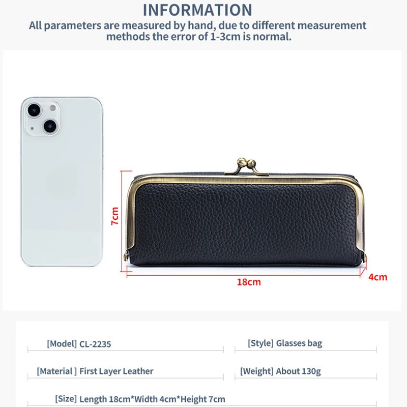 Leather glasses case fashionable pencil case with kiss lock coin wallet womens travel sunglasses case eyebrow pencil case 250409