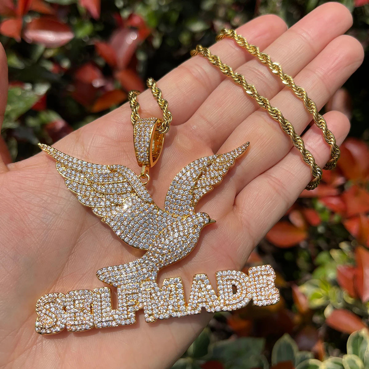 Hip Hop Peaceful Dove SELFMADE Pendant Necklace Bling Zircon Gold Plated Jewelry