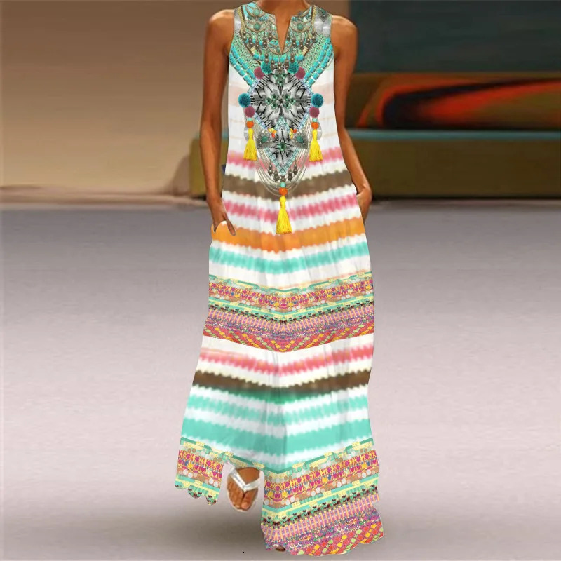 Sexy V-neck womens sleeveless dress summer fashion Sundress retro printed long dress Maxi dress with pockets womens Vestdos 250409