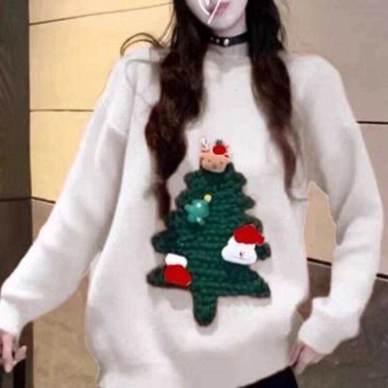Autumn Winter Women Red Sweet Chic 3D Christmas Tree Knitted Sweater Casual O Neck Long Sleeve Pullover Tops Female Loose Jumper Designer Sweater Wome