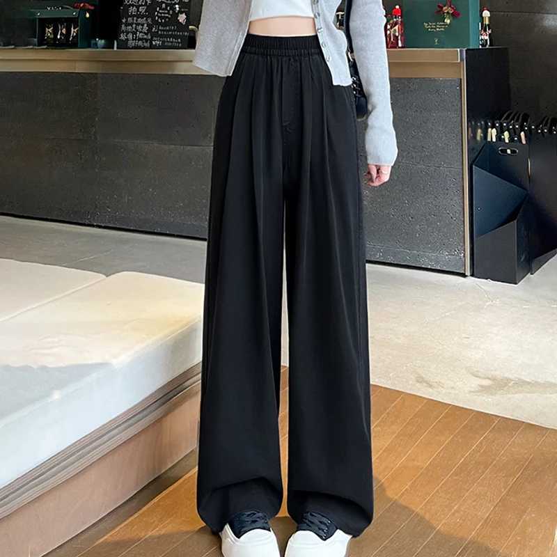 Women Elastic Waist Wide Leg Denim Pants Autumn Winter Harajuku Streetwear Straight Jeans Female Simple Loose Versatile Trousers C251110