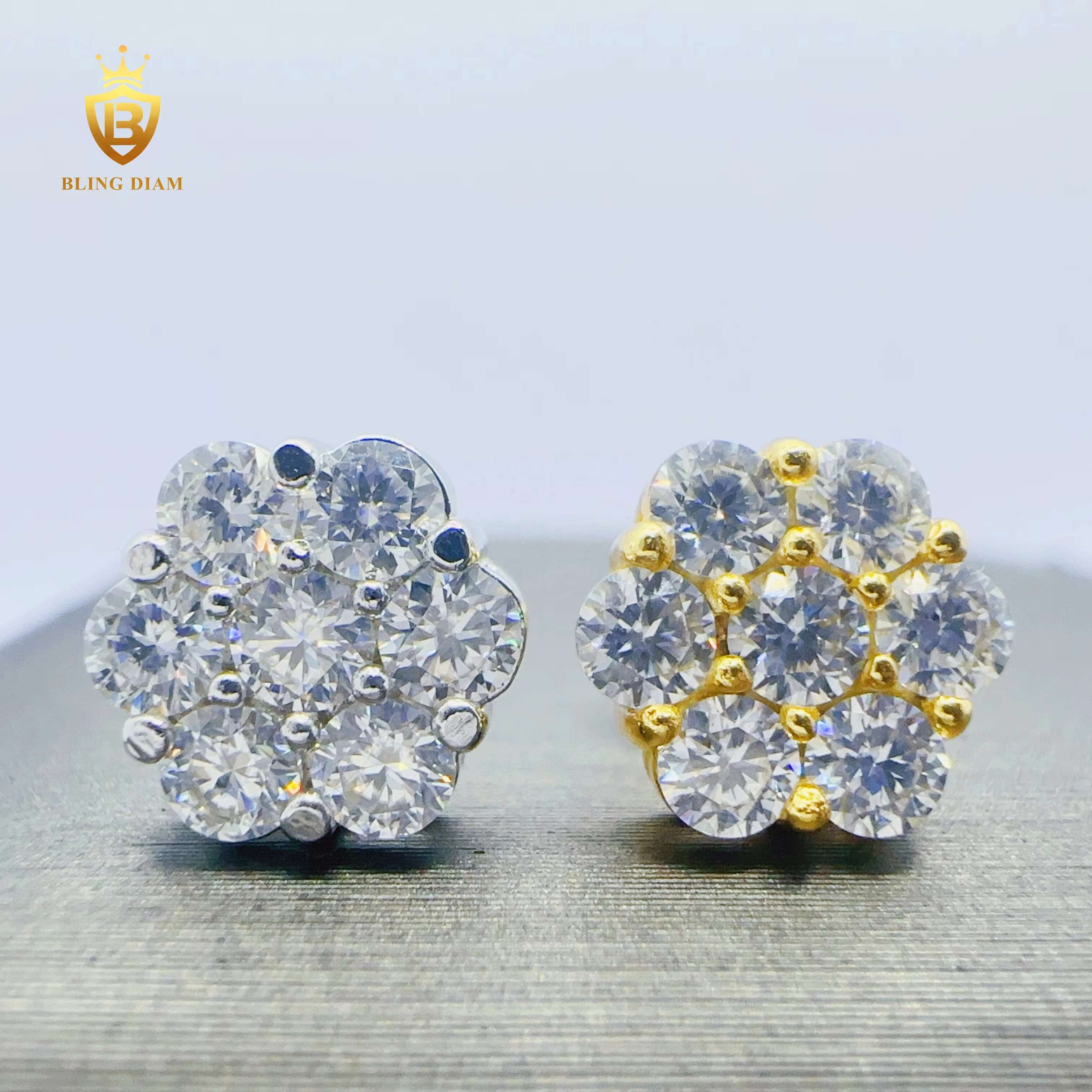 Blingdiam Jewelry Fashion Flower Design 8mm Earrings VVS Moissanite Hip Hop Stud Earrings for Women