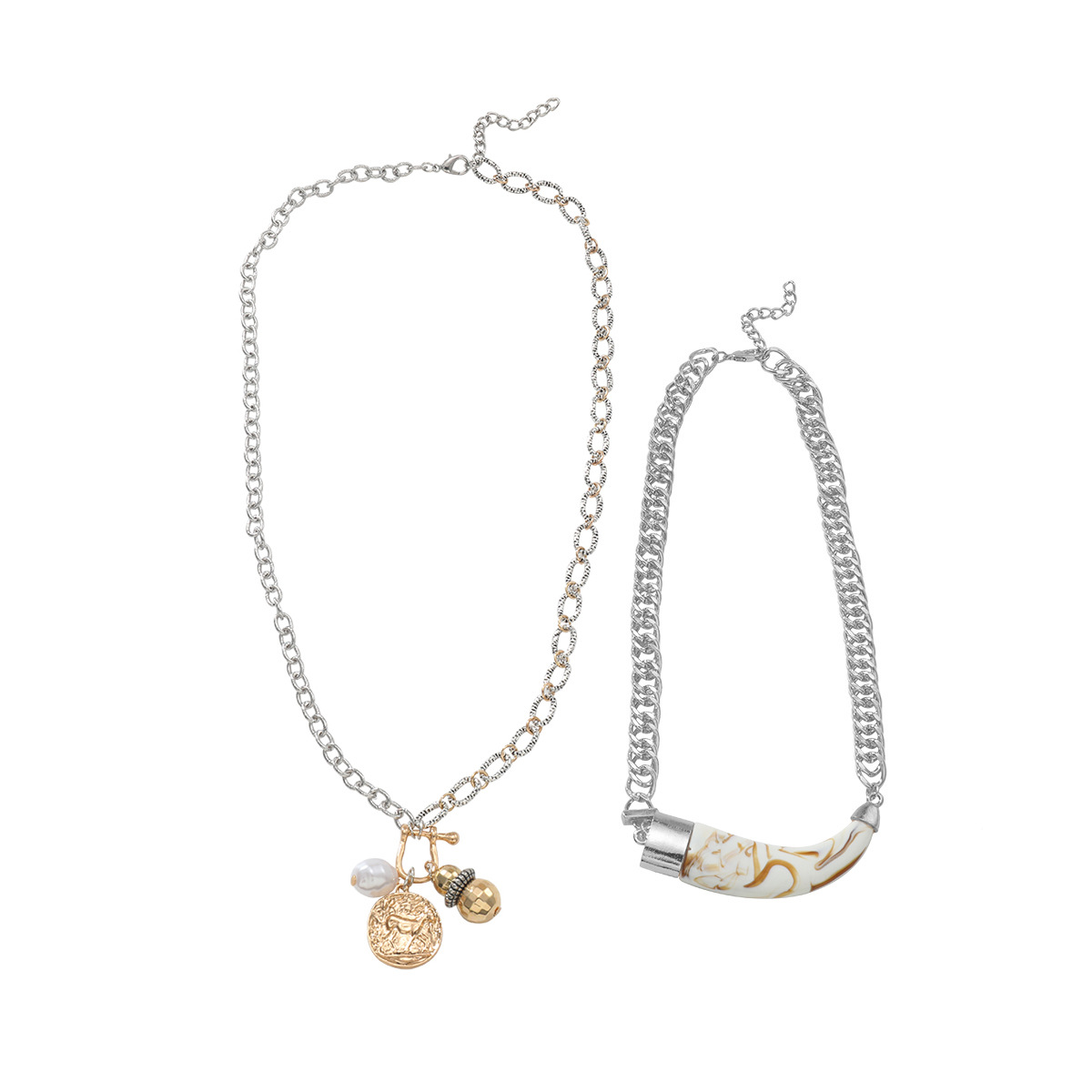 Trendy Cow Horn Multi Layer Necklace With Pearl Inspired Geometric Design Womens Beach Accessories Punk Chain