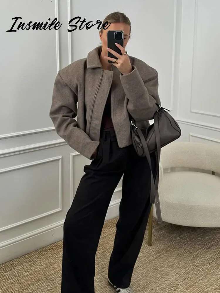 Vintage Khaki Women Short Coat Lapel Long Sleeve Zipped Pleated Loose Female Jacket 2025 Spring New Fashion Street Lady Jackets