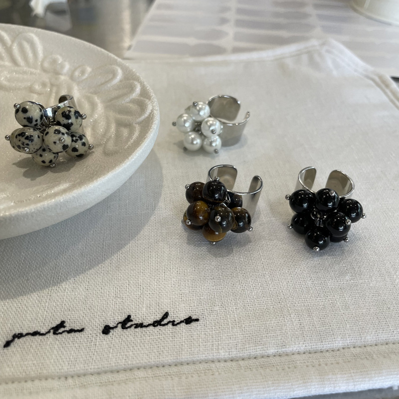 Handmade Designer Ring Natural Stone Black Agate Tiger Eye Stone Beaded Ring Fashion Ring Niche Exaggerated High-end Open Index Finger Ring