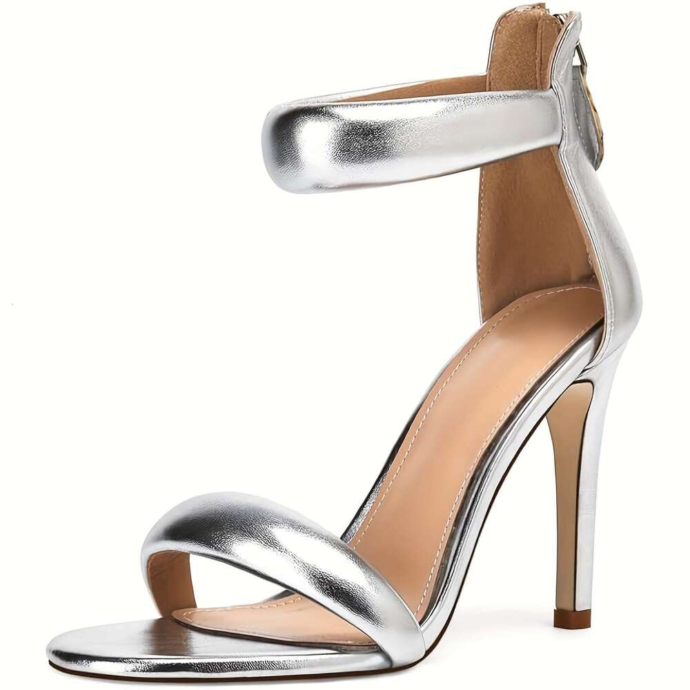 Women's Stiletto With Ankle Strap, Back Zipper, And Round Open Toe. Sexy Heeled Sandals Perfect For Proms Or Parties.