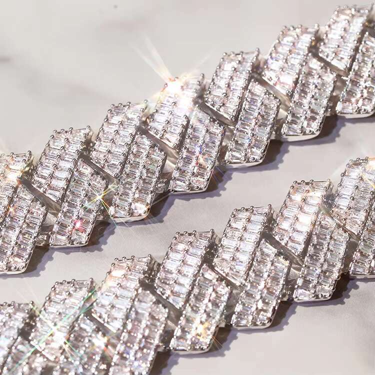 Luxury Hip Hop Chain 19mm Silver Necklace VVS Moissanite Baguette Moissanite Diamond Cuban Link Chain