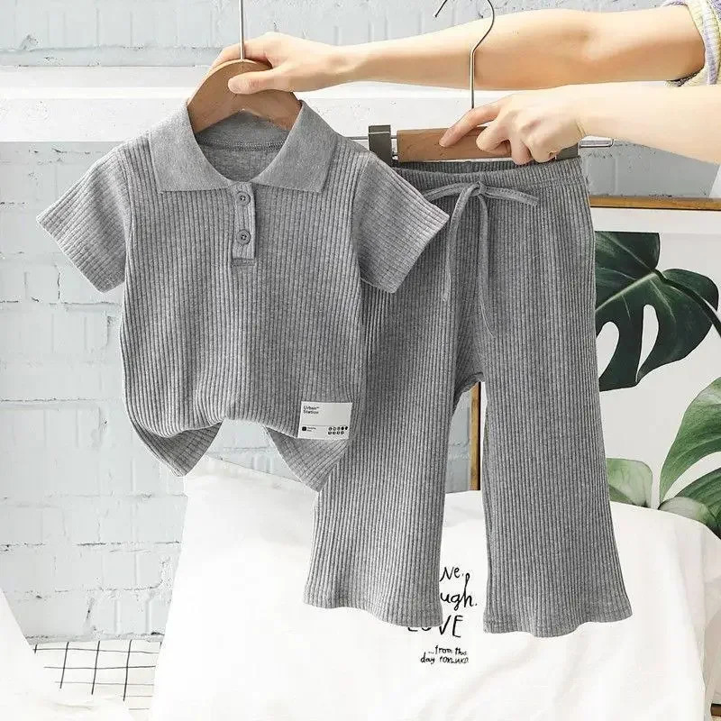 Girls summer clothing set childrens short sleeved polo shirt wide leg pants 2PCS set baby casual wear fashionable pit stripe set 250409