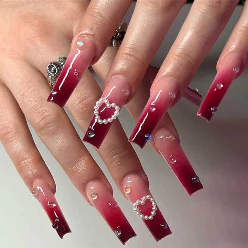 24pcs black bow fake nails diamond cross long ladder beach pattern press wearable nail tips for women and girls W250410