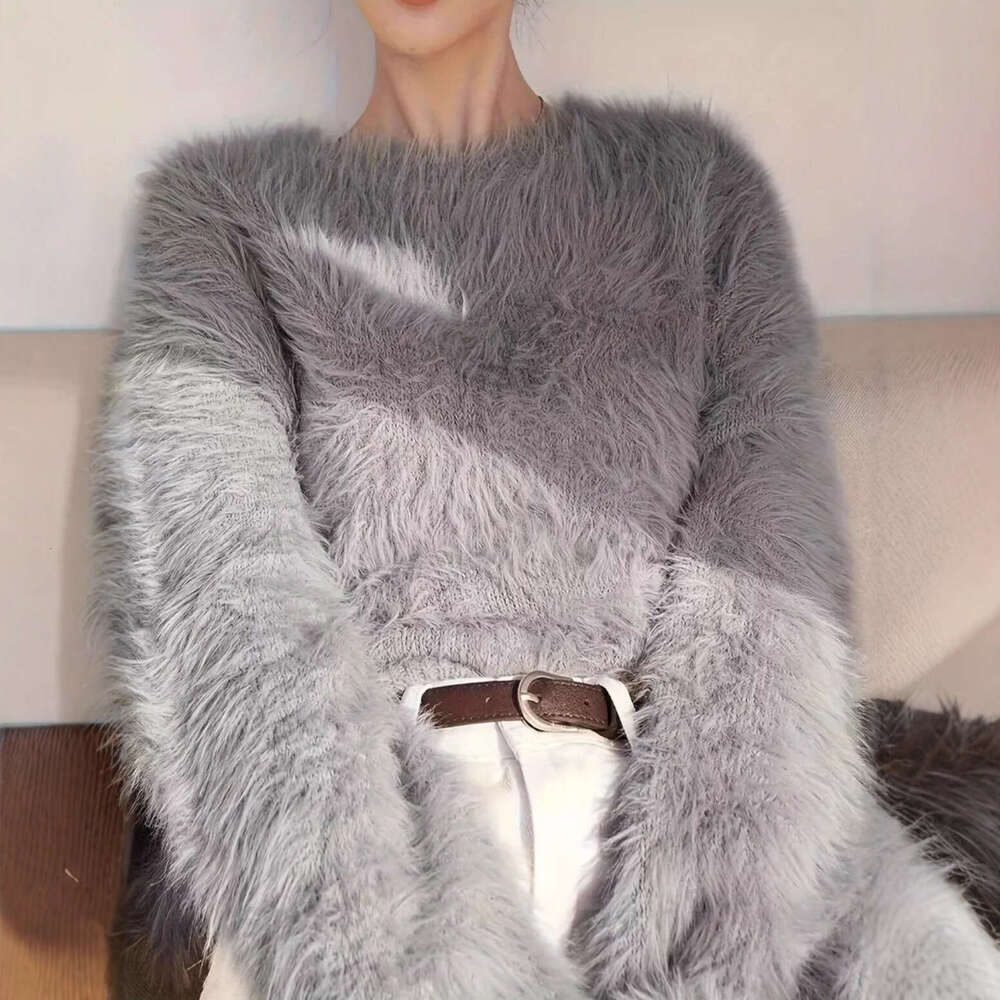 Autumn Winter Thickened Imitation Mink Velvet Women, Export Cross-Border Solid Color Versatile Round Neck Fuzzy Pullover Knitted Sweater for Women