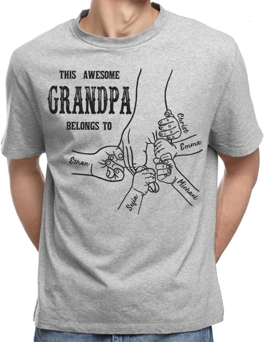 T shirt for Mens Personalized Grandpa Shirt Hand and Grandkids Name, This Awesome Dad Belongs to Shirt Fathers Day, Christmas Tee Casual Tops Clothes 