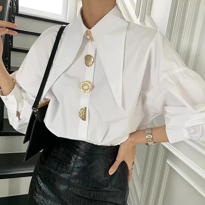 White Elegant Pearl Womens Shirt Korean Sharp Collar Loose Long Sleeve Womens Shirt Y2k Fashion Fashion Womens Top 250409