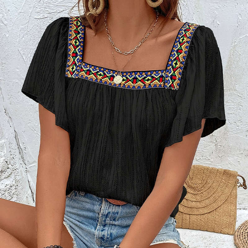 Cross-Border Foreign Trade European and American Summer Vacation Lace Embroidery Square Neck Shirt Pullover Ruffle Short Sleeve Backless Blouse Women&