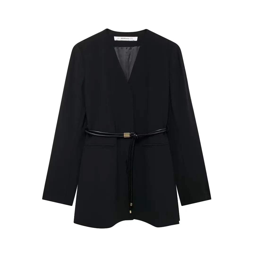 Black gray white long coat autumn office womens jacket sleeved clothing 250407