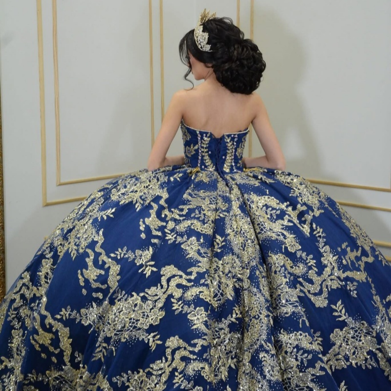 Royal Blue Quinceanera Dresses Off Shoulder Ball Gown Sweet 16 Dress Gold Applique Lace Beads Tull Birthday Party Vestidos 15 De Anos