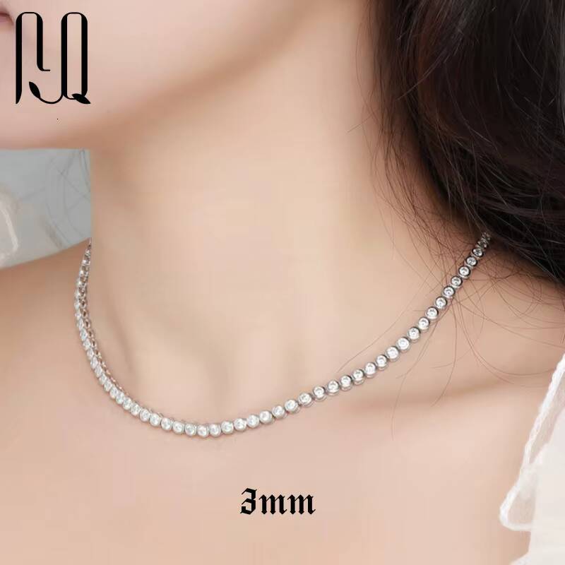 PYQ 2mm 3mm Bezel-Set VVS Tennis Chain Necklace 18K Gold Plated Women Moissanite Necklace 925 Silver Bezel-Set Tennis Chain