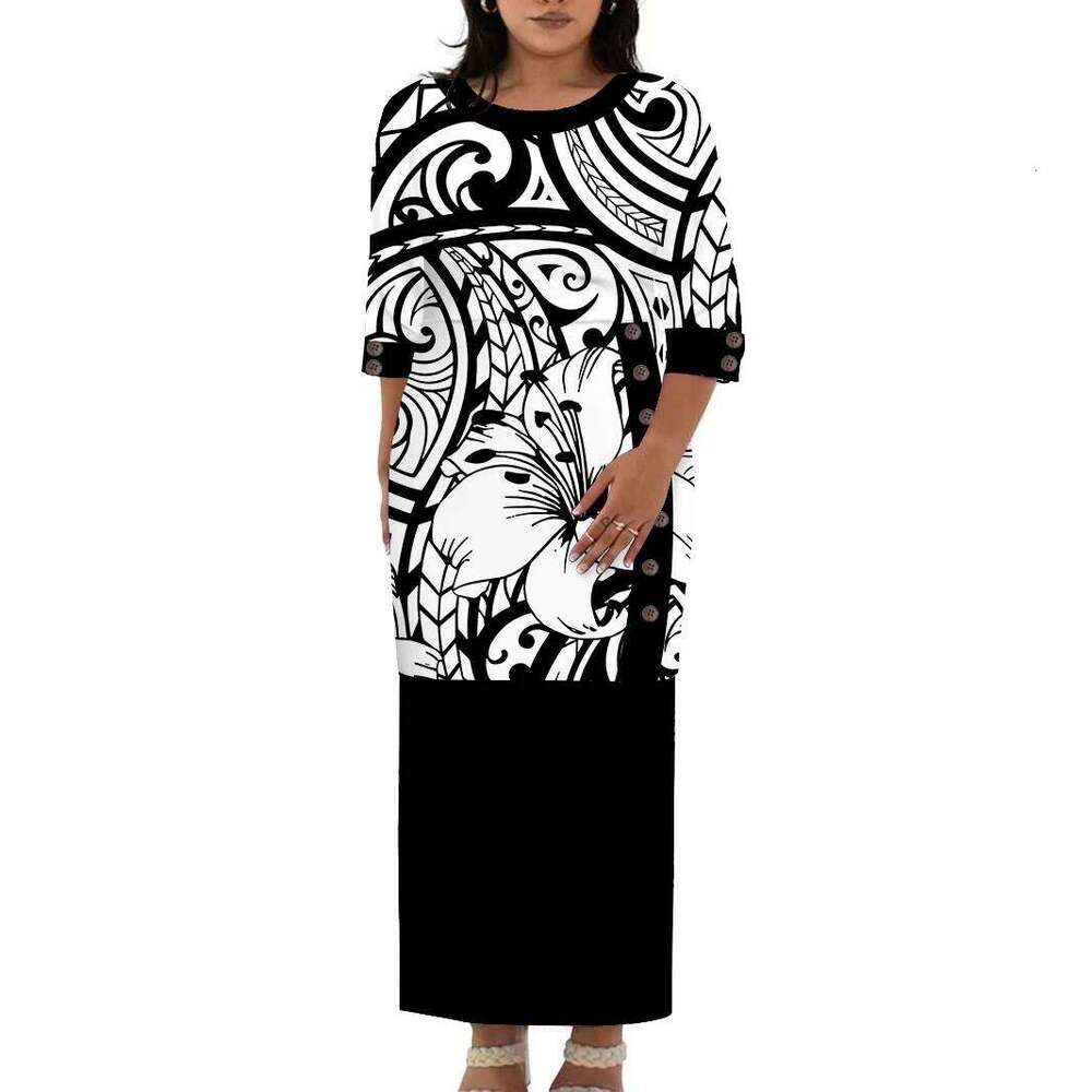 Hawaii Style Design Big Size Ladies Long Custom Polynesian Puletasi Ptaha Dress O Neck Prom Clothes 2 Piece Outfits Sets