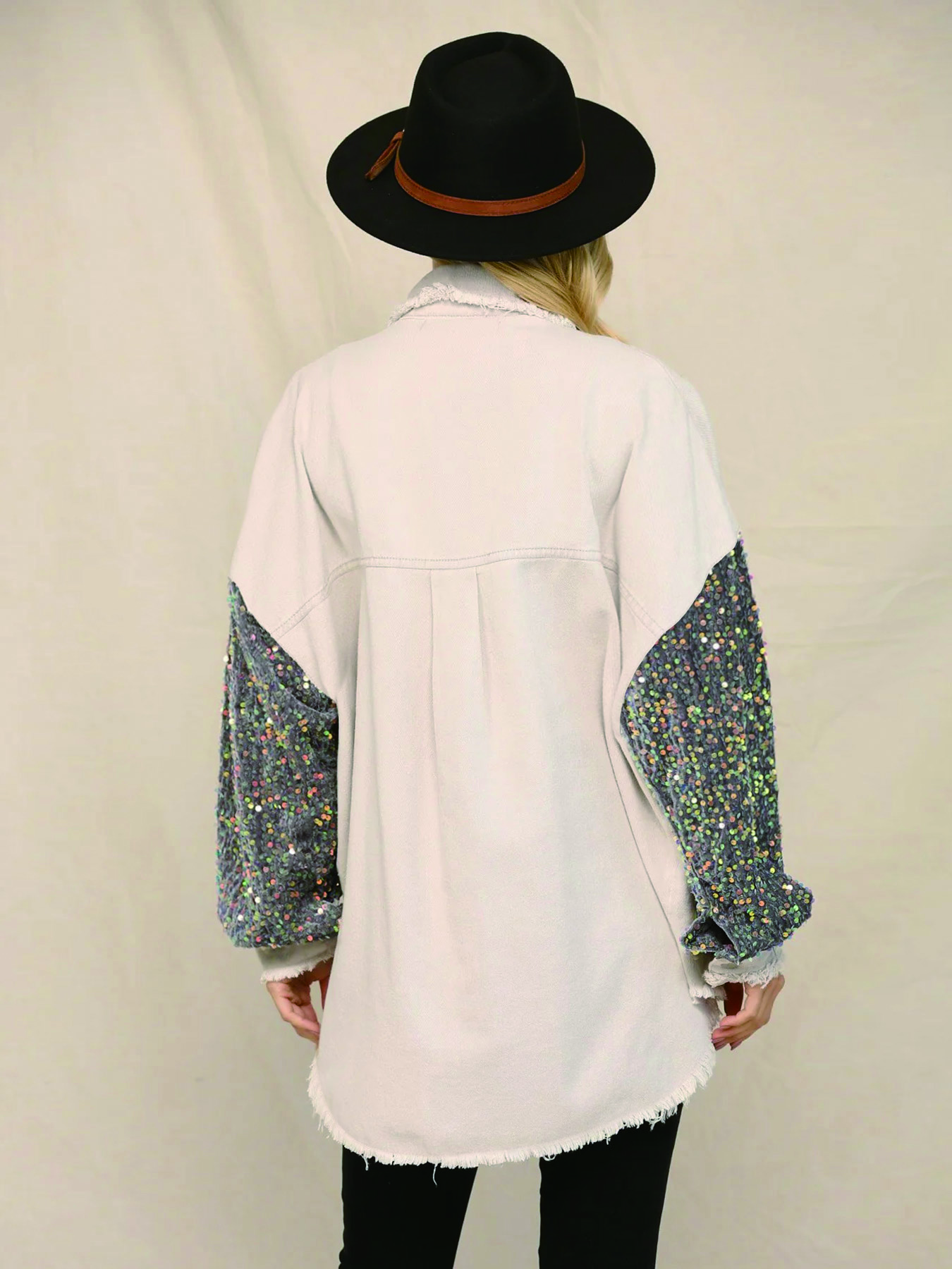 Women's Sequin Patchwork Denim Jacket, Raw Edge Fringe Loose Fit Cotton Coat---D400