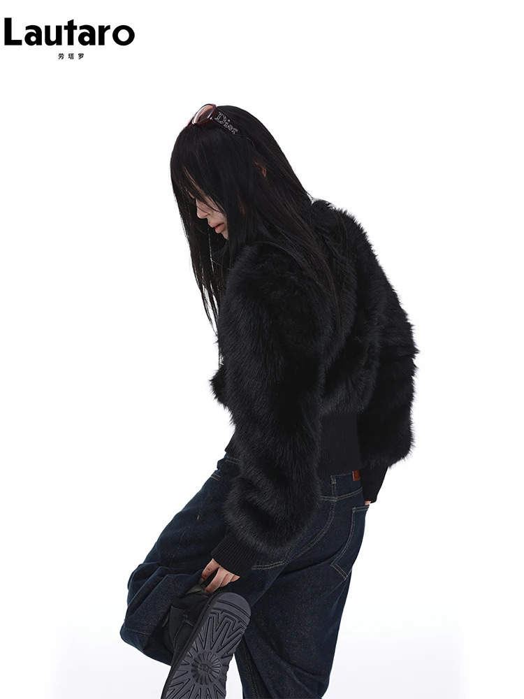 Lautaro Spring Winter Short Black Soft Thick Warm Hairy Faux Fur Coat Women Zip Up y ner Clothes Fluffy Jacket 251110