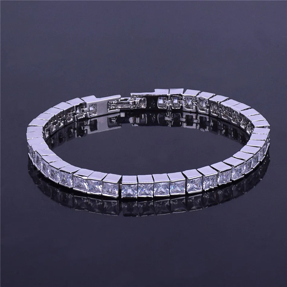 5mm Iced Out Baguette Tennis Bracelet Men Hip Hop Jewelry Copper Material Box Clasp Square Silver Color Link 18cm 250408