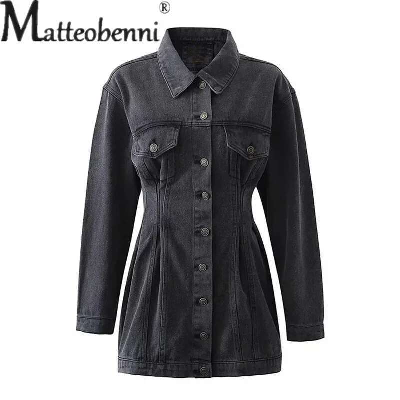 Women's Shrink Waist Slim Fit Denim Jacket Single-Breasted Splicing Pocket Coat Female Autumn Winter Daily Casual Long Outerwear