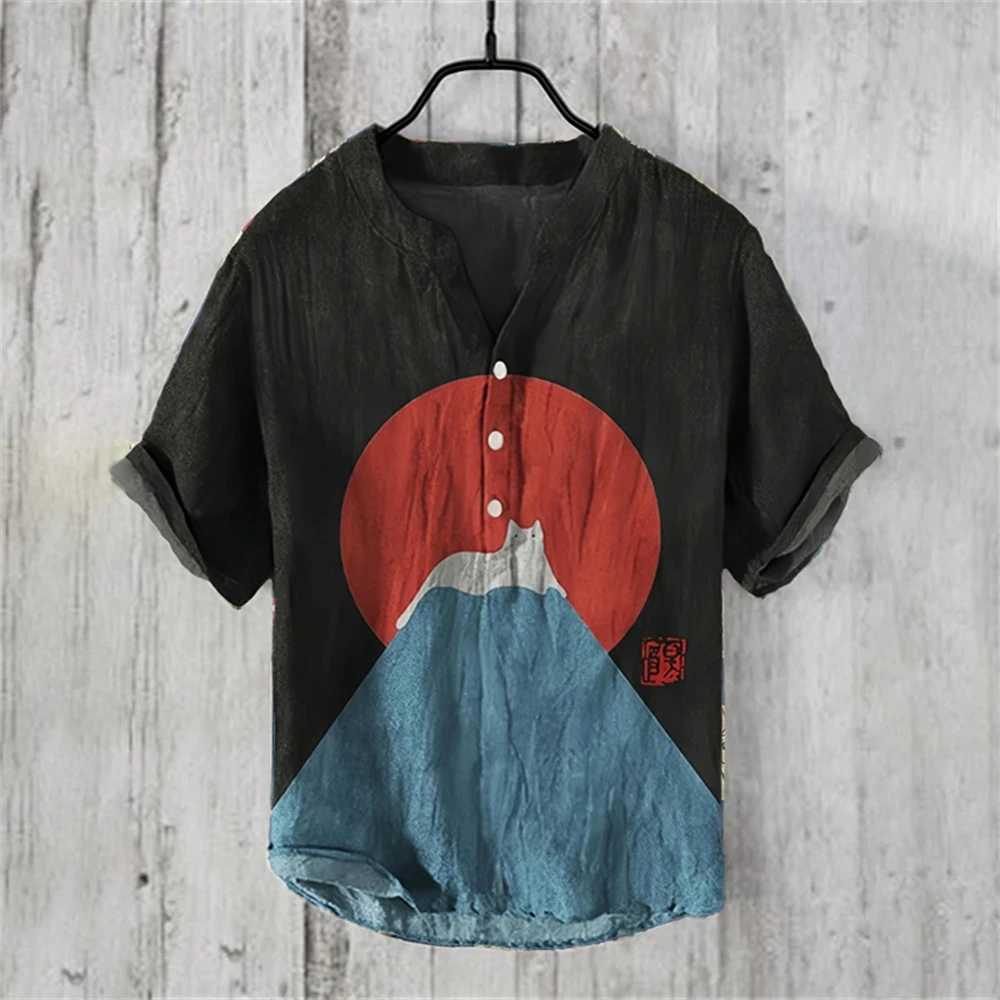 Summer mens short sleeved shirt linen printed shirt European and American popular element printed large shirt S-5XL X250410