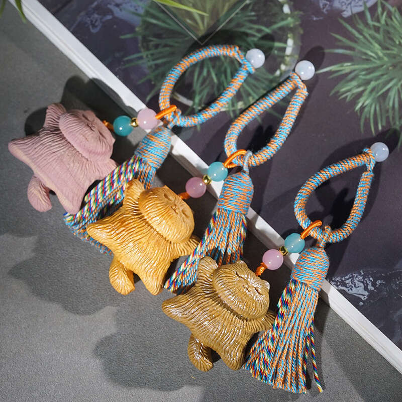 Sandalwood Carved Lying Cat Cute Pet Pendant Phone Chain Bag Tassel Wooden Ornament