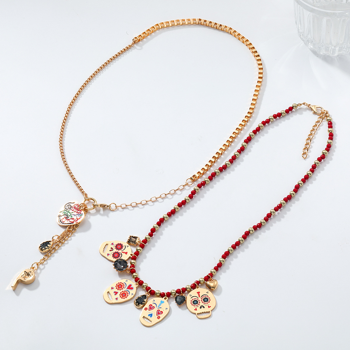 Exquisite Alloy Skull Love Whistle Two Piece Necklace Hand Woven Design Necklace Daily Wear Necklace