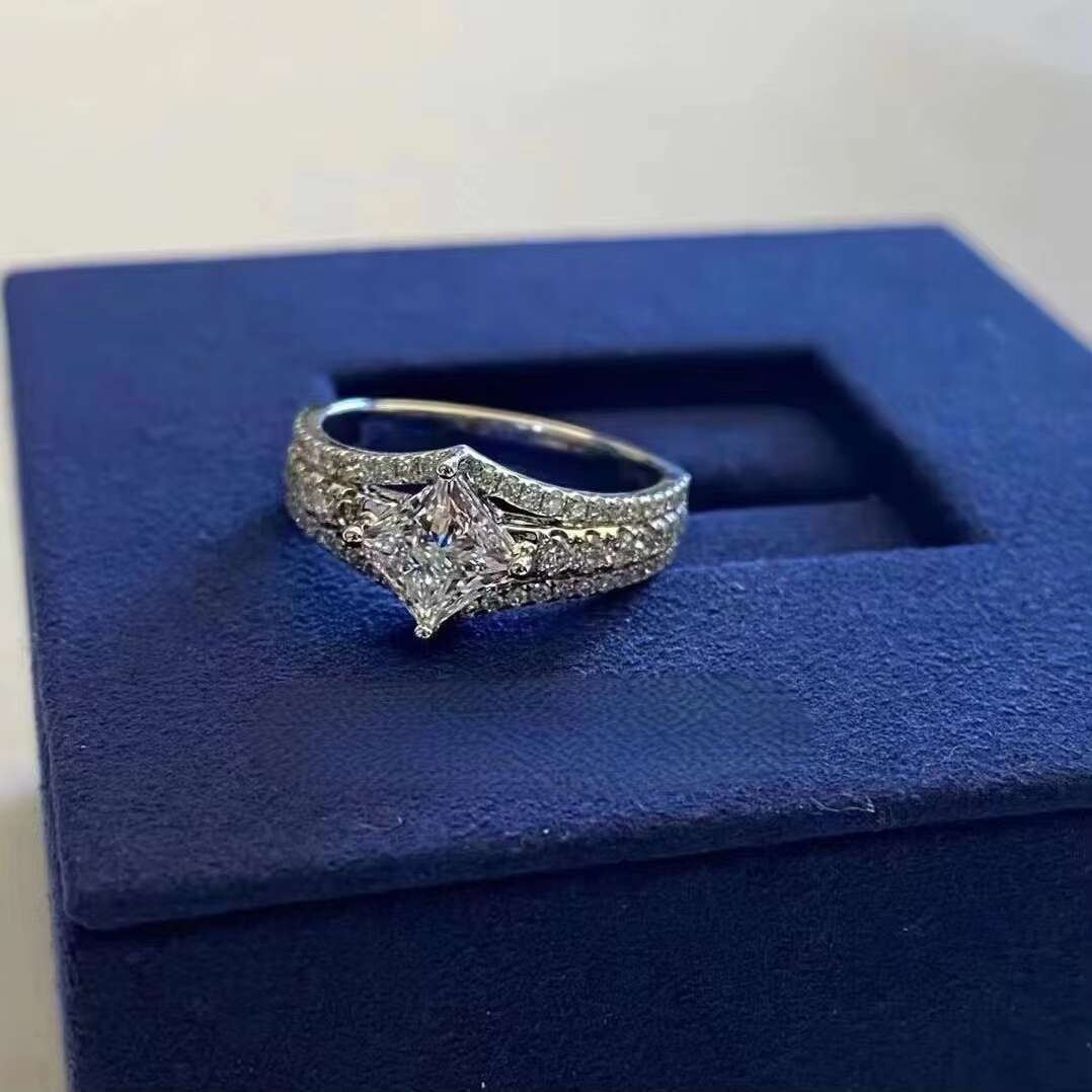 Womens Square Moissanite Diamond Ring 925 Silver Plated Multi-Layer Crown Wedding Ring D Color Wholesale Price