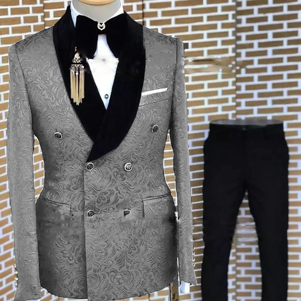 Gray Formal Suit for Men Floral Jacket Pants 2 Piece Set Party Wedding Groom Tuxedo Elegant Mens Suit Handsome Blazer 250409