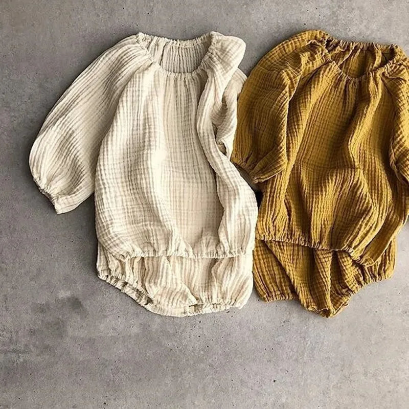 autumn baby girl boy clothing set childrens cotton linen long sleeved shirtBloomer 2-piece Japanese and Korean childrens clothing 250409