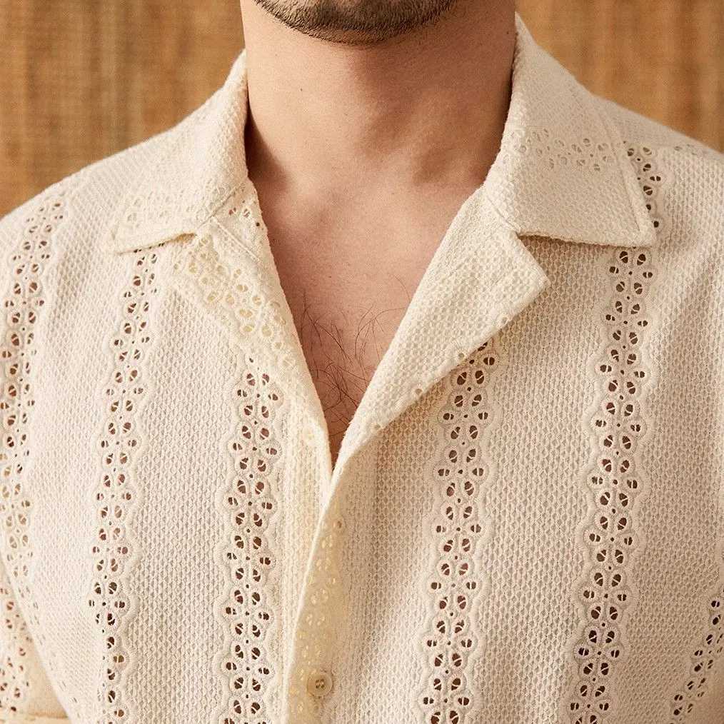 Summer thin jacket short sleeved shirt mens set light mature hollow leisure vacation Cuban collar casual shirt men X250410