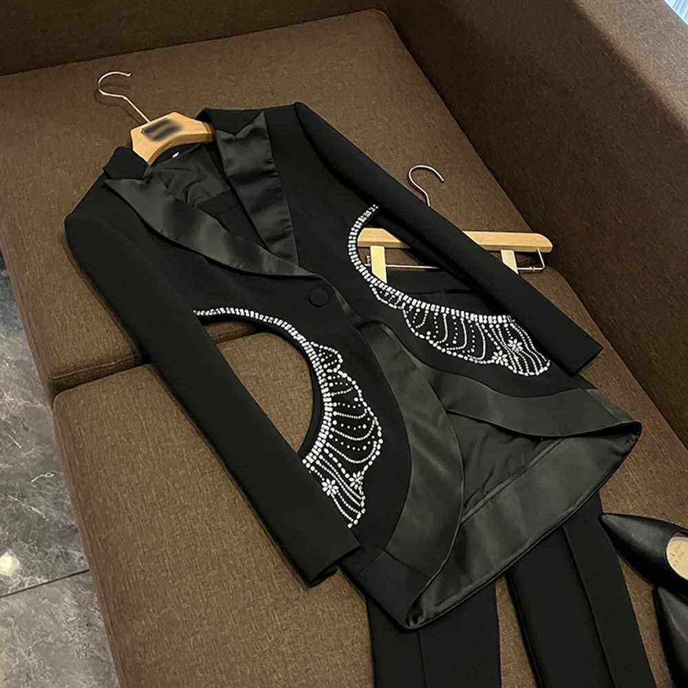 TWOTWINSTYLE Solid Sexy Two Piece Sets For Women Lapel Long Sleeve Hollow Out Top High Waist Pants Chic Set Female New W251110