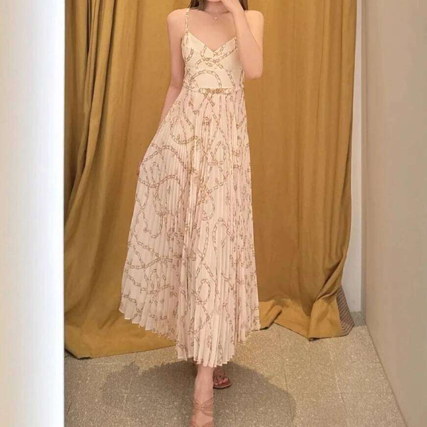 Autumn New Casual Style Women Wearing Two Colors Black Beige Chain Pattern Print Sleeveless Backless Midi Dress Hot Sale