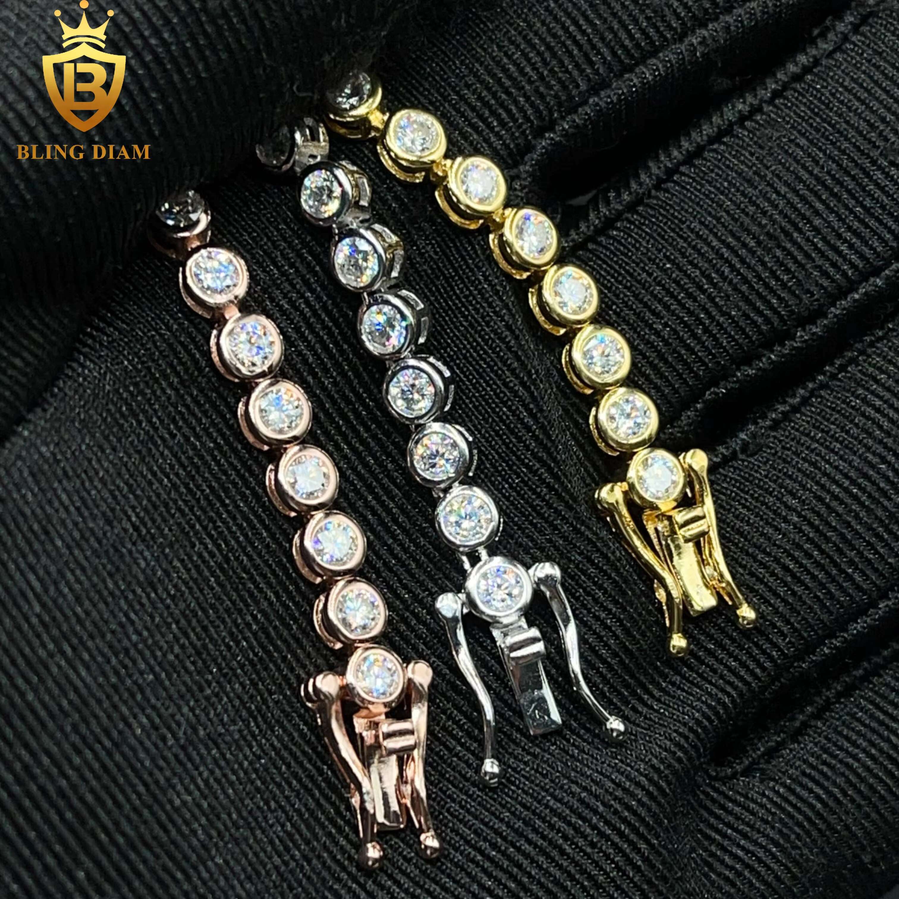 Blingdiam Jewelry 925 Silver Gold Plated VVS Moissanite Pass Diamond Tester Tennis Chain 3mm Bracelet Necklace