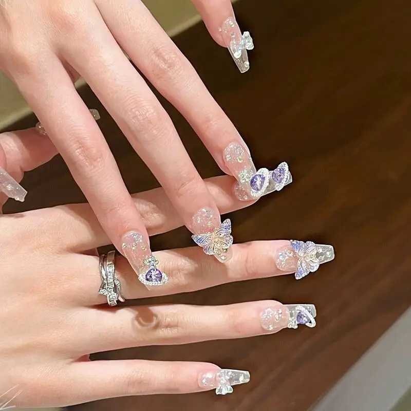 0pcs handmade embossed large planet design fake nails with butterfly art sparkling fake coffin nails diamond wearable tips W250410