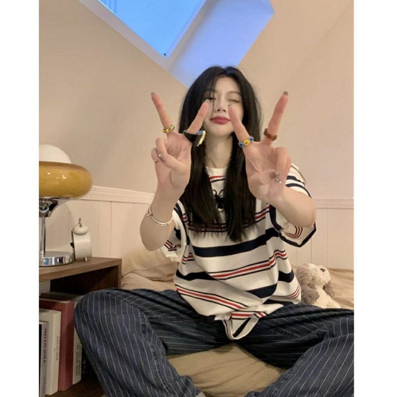2025S Designer Women S T Shirt American Striped Short For Women New Summer Loose And Lazy Style Half Sleeved Student Versatile Top T Shirt