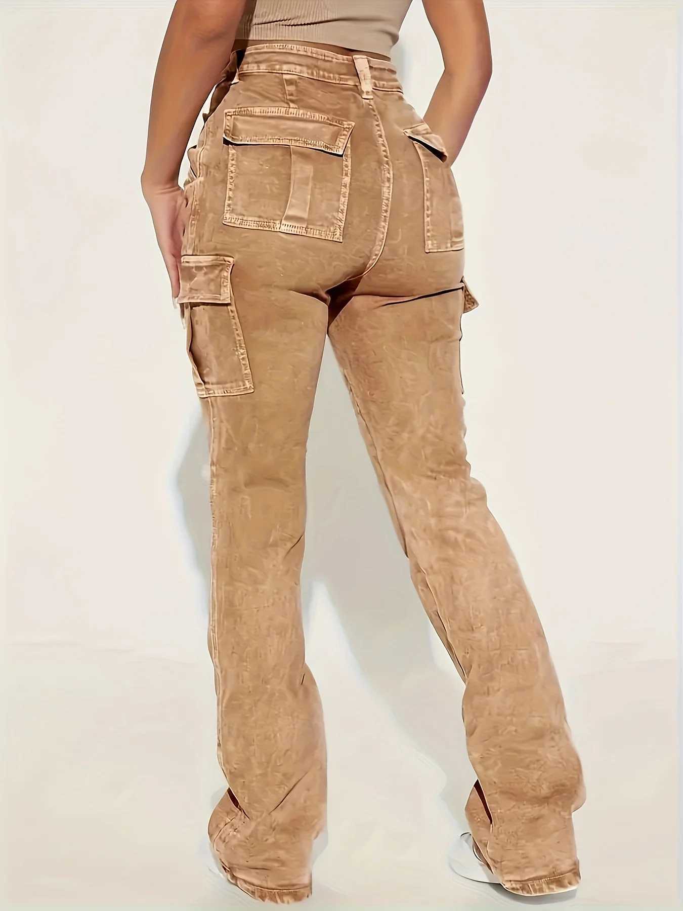 Washed and aged patch pocket casual vintage light khaki slightly flared womens jeans C251110