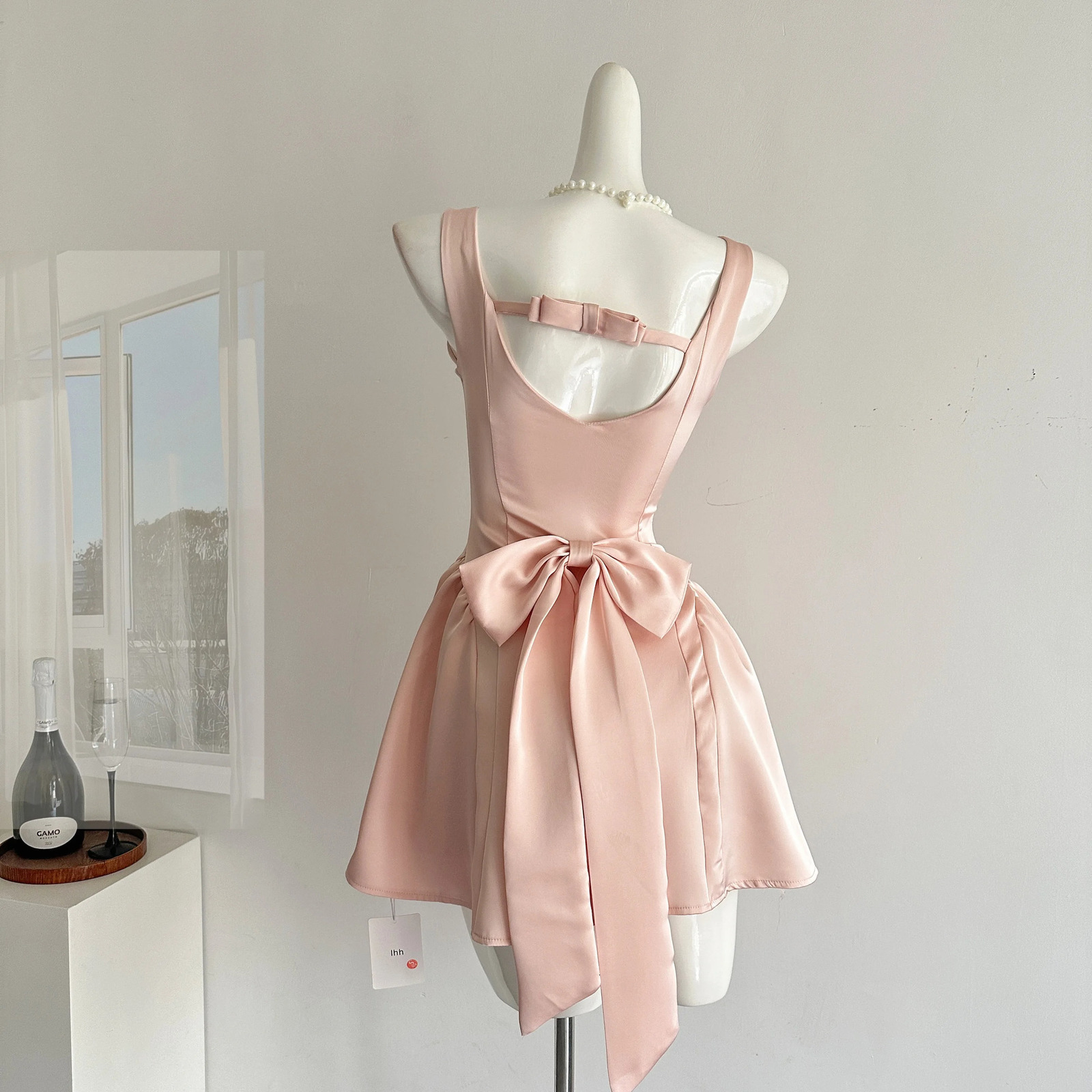 Summer womens ballet core preparatory bow satin A-line dress mini frog backless one night party Shoujo Gyaru old money 250409