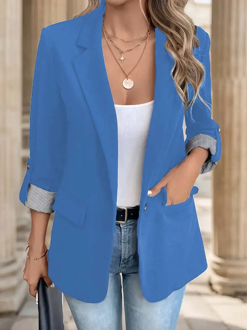 Womens Slim Fit Casual Button Blazer European Style Roll Up 7Pt Sleeve Trendy Suit Jacket 251110