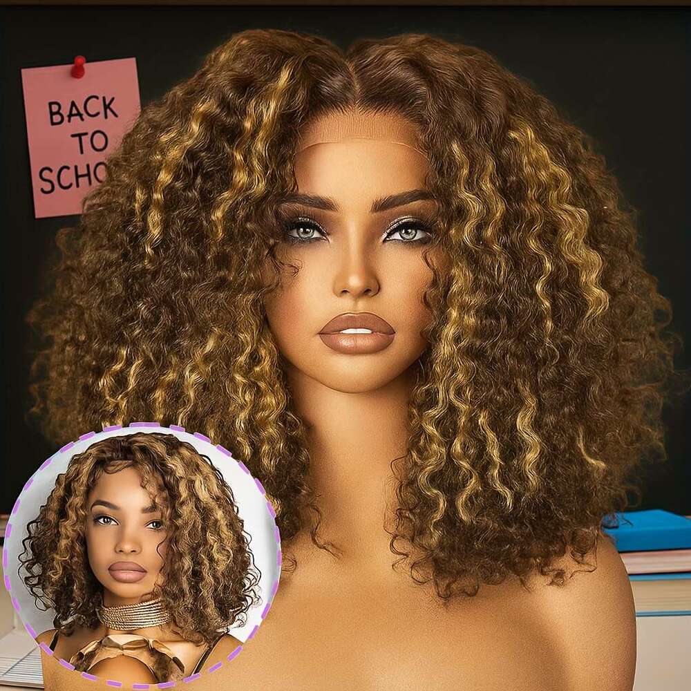 Women's 250% Density Glueless HD Frontal Wig Pre-Plucked Honey Blonde Ombre Highlights Deep Wave Curly Human 13X4 Lace With 4/27 Colored Real Hai