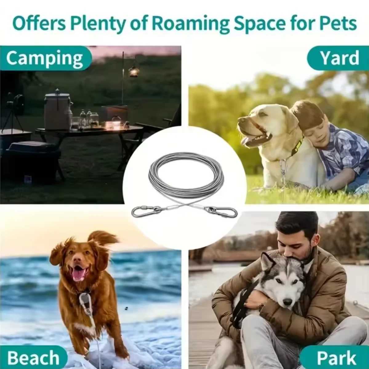 46m/9m/15m Double Leashes Stainless Steel Dog Tie Strap Cable Leash Raction Rope with Metal Buckle Steel Wire Collar Outdoor J251110