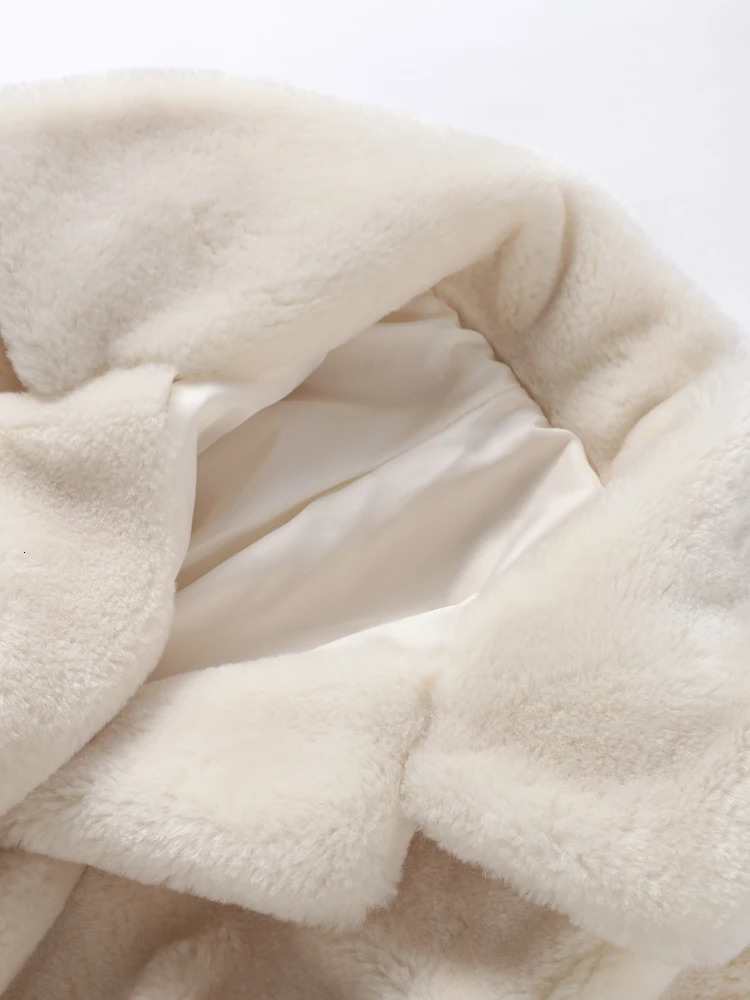 Warm Womens White Lace Up Faux Fur Coats Loose Lapel Long Sleeve Pocket Furry Overcoats Autumn Winter Lady Thick Outwear 251110