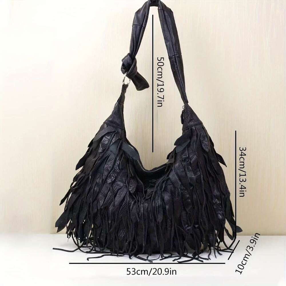 Cross Border Hot Selling Manufacturers Spot Leather Ladies Black Striped Tassels Personality Hobo Shoulder Sheepskin Women Bag