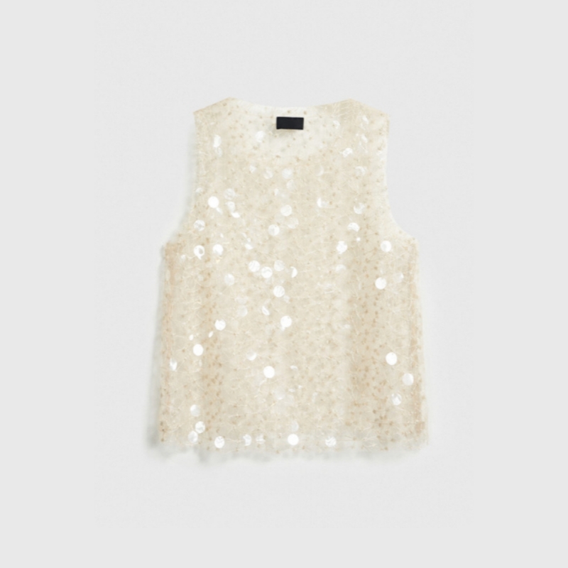 Women's Beige Large Sequin Scoop Neck Sleeveless Top, Flared Silhouette Party Blouse