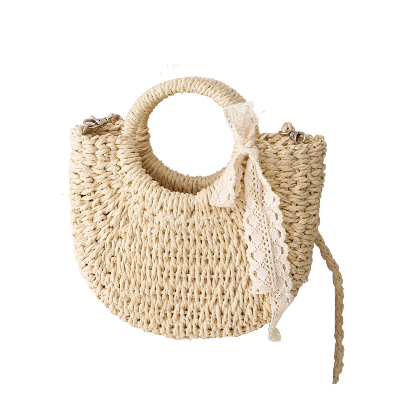 Round Bucket Moon Women's Crossbody Straw Bag Lace Strap Handbag Cheap Wholesale Bags