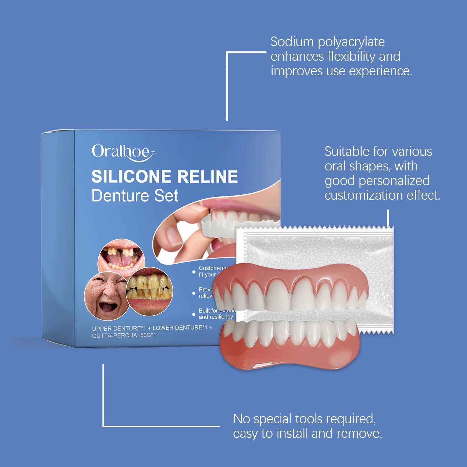 New Arrival Oralhoe 1 set of silicone denture kit with up and down filling gaps for instant Smile soft denture support kit Z250410